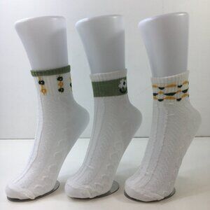 Womens Knit Floral Ankle Socks 3-Pack White Green Yellow Fun Ribbed Cuffs